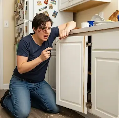 Personne agenouillée dans une cuisine, tenant un tournevis et tentant de réparer une porte de placard de travers qui ne ferme plus correctement.