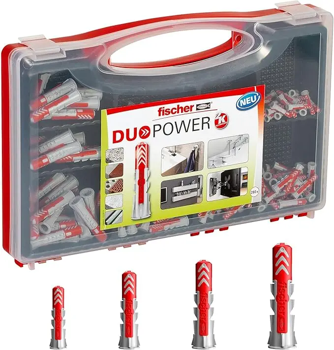 Coffret d'assortiment de chevilles universelles bi-matière Fischer DuoPower (rouges et grises), adaptées pour la fixation dans tous types de murs (béton, brique, placo).