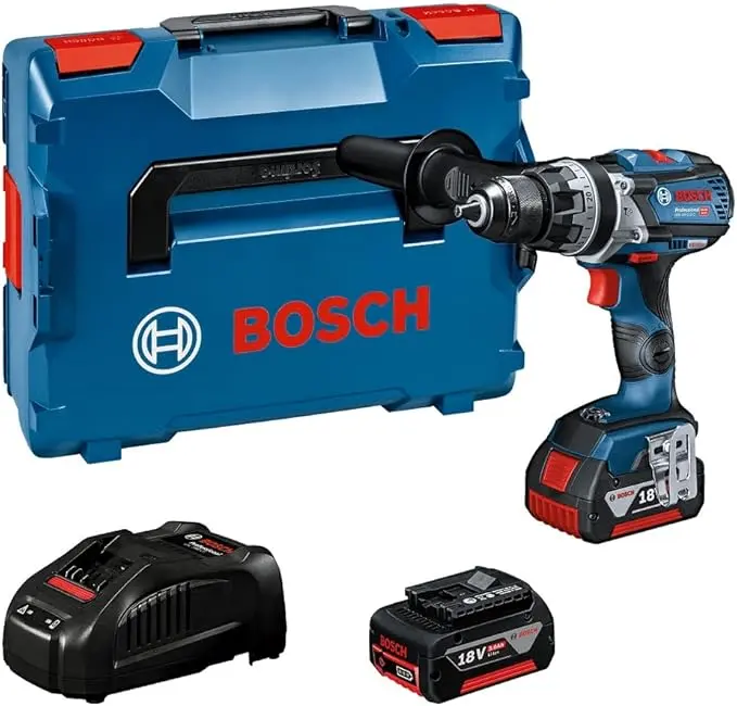 Kit perceuse-visseuse à percussion Bosch Professional GSB 18V-55 dans son coffret L-BOXX bleu, accompagné de deux batteries 18V et d'un chargeur rapide.