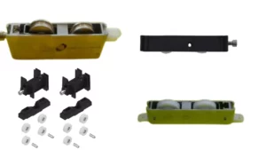 Assortiment de roulettes et chariots de remplacement pour baies vitrées coulissantes.